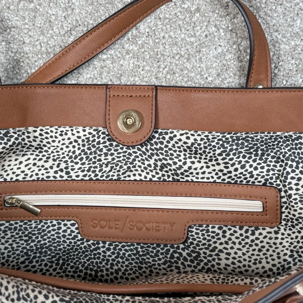 Sole Society Laptop Bag Purse Brown Pockets Animal Print Large Women